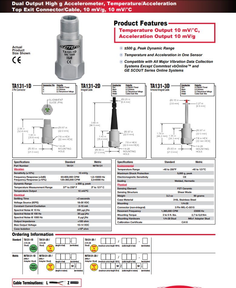 CTC雙輸出高g加速度振動(dòng)傳感器TA131技術(shù)參數(shù)