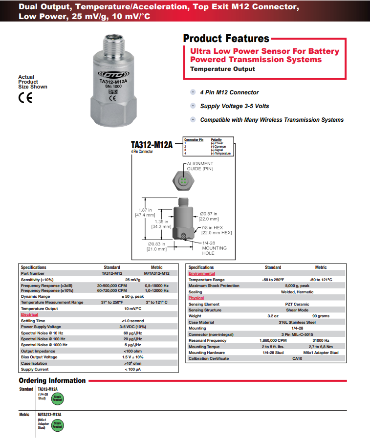 CTC 雙輸出振動傳感器TA312 技術參數