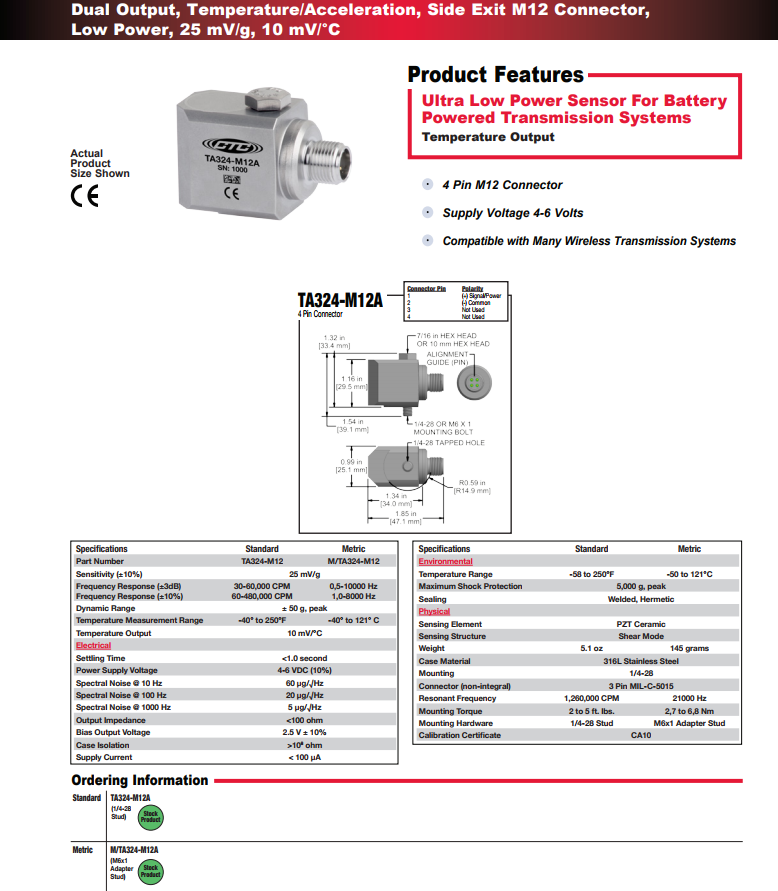 CTC 雙輸出，溫度/加速度振動傳感器TA324技術參數