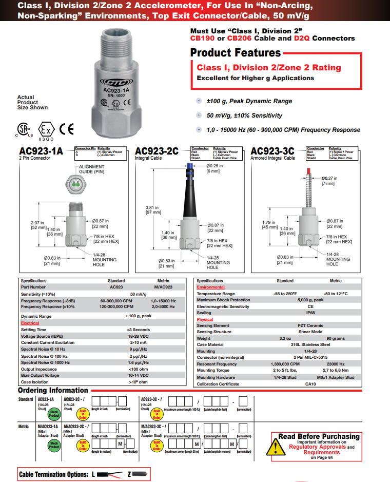 CTC防爆加速度振動傳感器AC923 技術參數