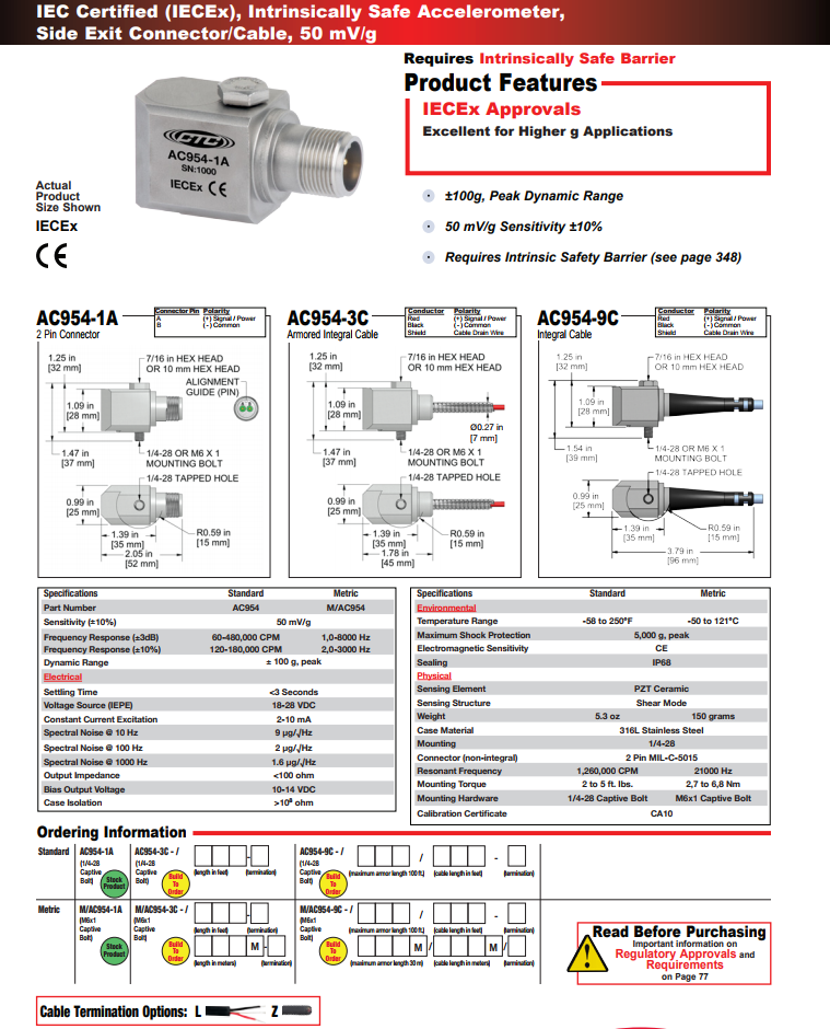 CTC本質安全加速度振動傳感器AC954技術參數(shù)
