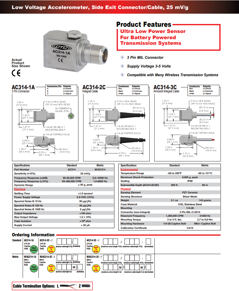 CTC低壓加速度振動傳感器AC314技術(shù)參數(shù)