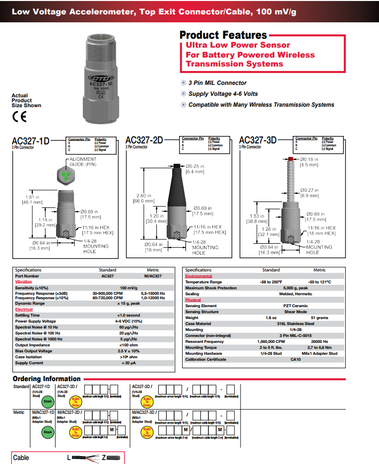 CTC緊湊型低功率加速度振動傳感器AC327技術參數