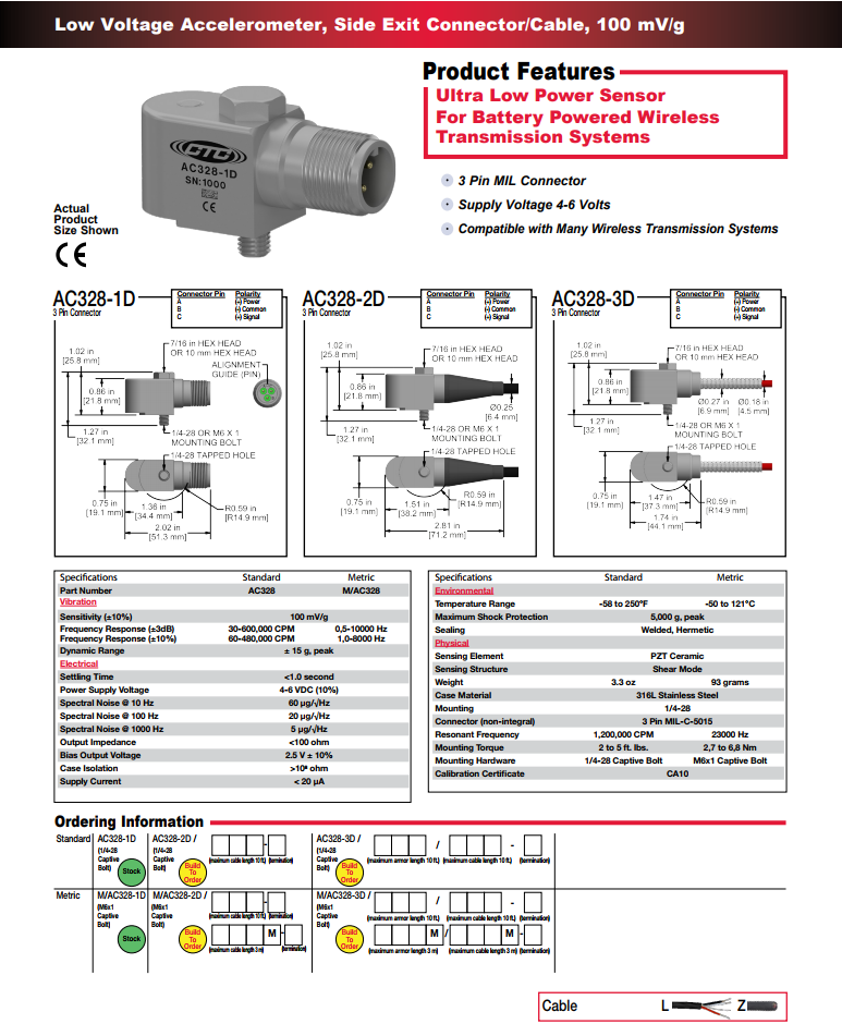 CTC緊湊型低功率加速度振動傳感器AC328技術(shù)參數(shù)