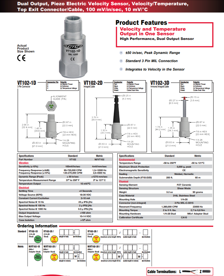 CTC 雙輸出壓電速度振動傳感器VT102技術參數