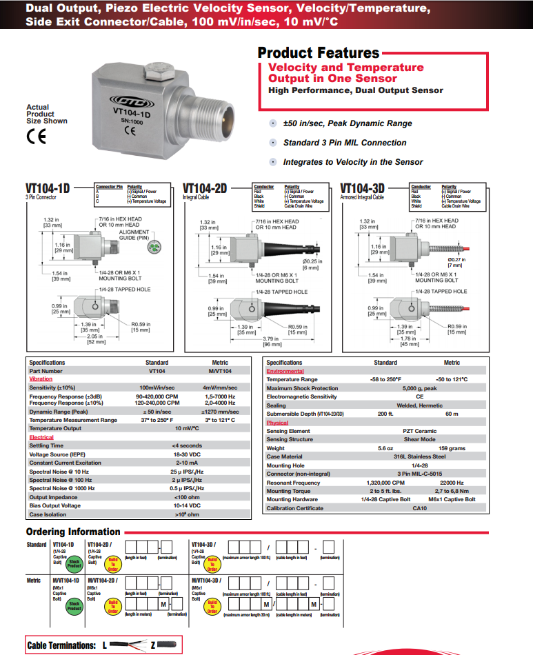CTC雙輸出壓電速度振動傳感器VT104